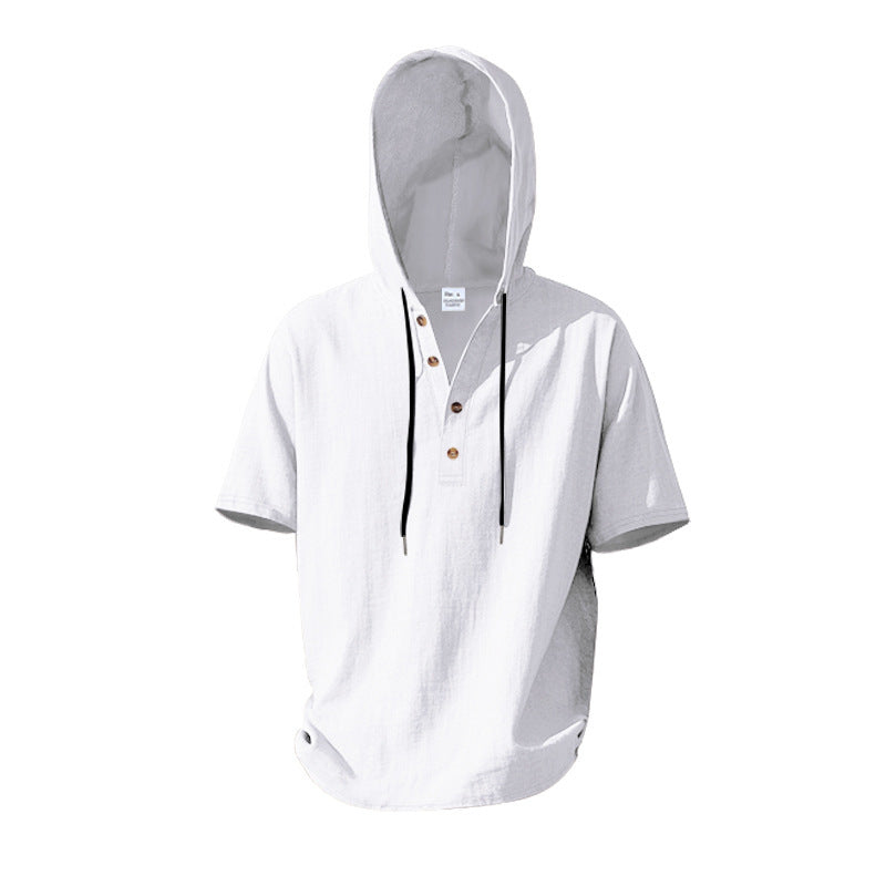 Linen breathable beach hooded henley short sleeve shirt for men