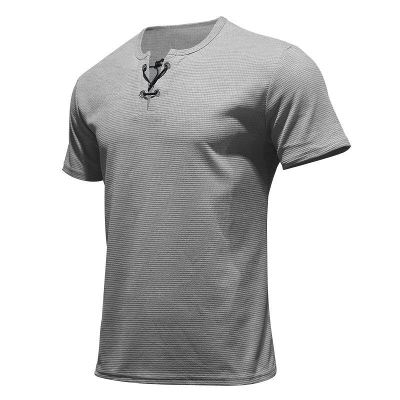 Short-sleeved T-shirt European and American men's tie-string henley shirt top