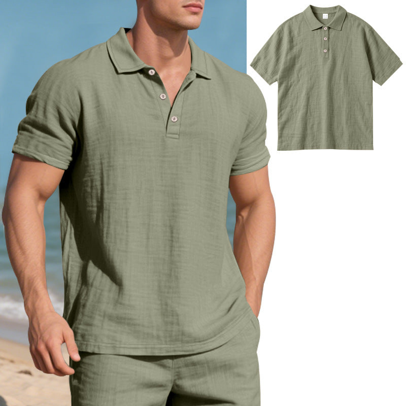 Men's British style loose breathable linen casual lapel button-down POLO shirt short sleeve men