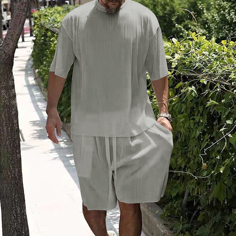 Men's casual cool breathable ribbed loose round neck short-sleeved shorts suit