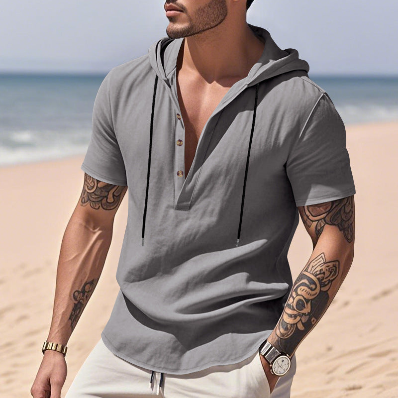 Linen breathable beach hooded henley short sleeve shirt for men