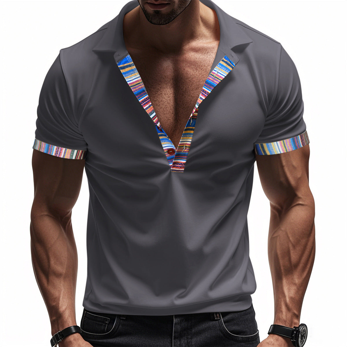 Loose casual breathable Bohemian contrast color POLO shirt short sleeves