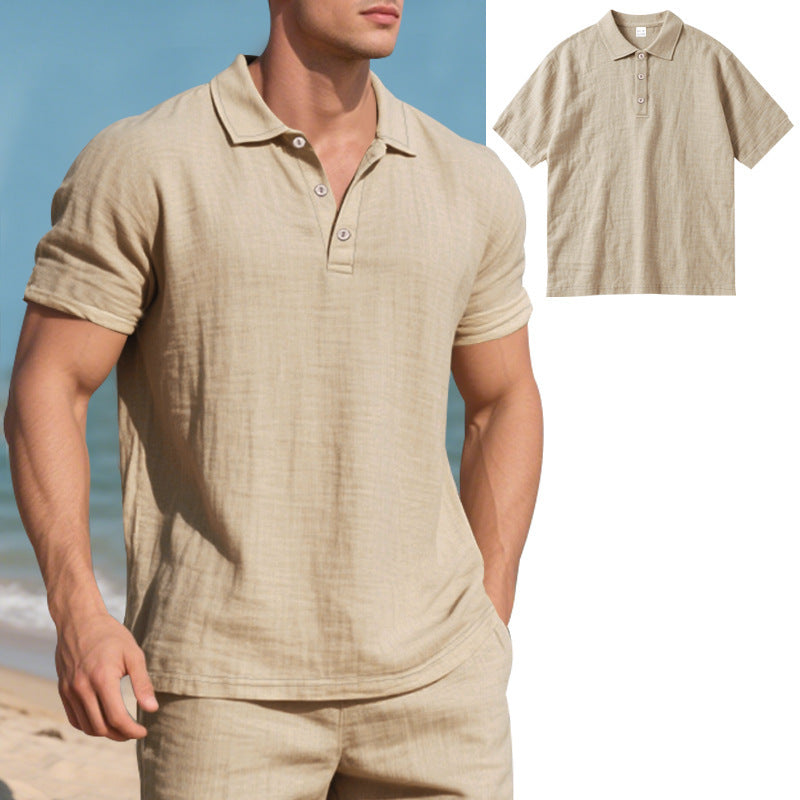 Men's British style loose breathable linen casual lapel button-down POLO shirt short sleeve men