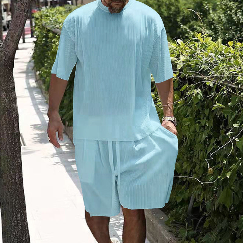 Men's casual cool breathable ribbed loose round neck short-sleeved shorts suit