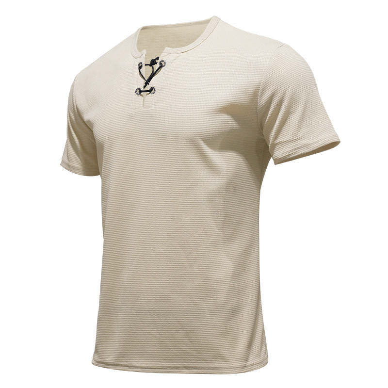 Short-sleeved T-shirt European and American men's tie-string henley shirt top
