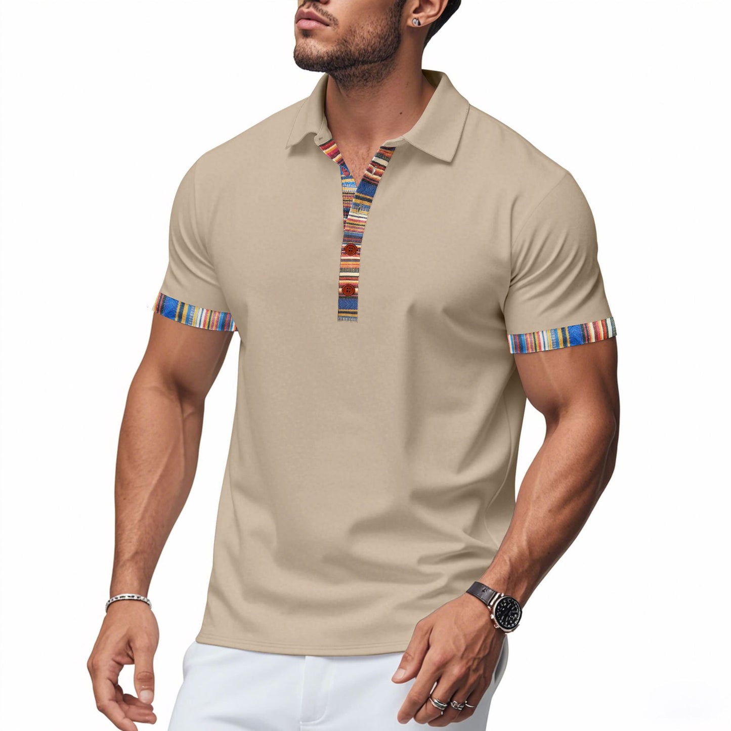 Loose casual breathable Bohemian contrast color POLO shirt short sleeves