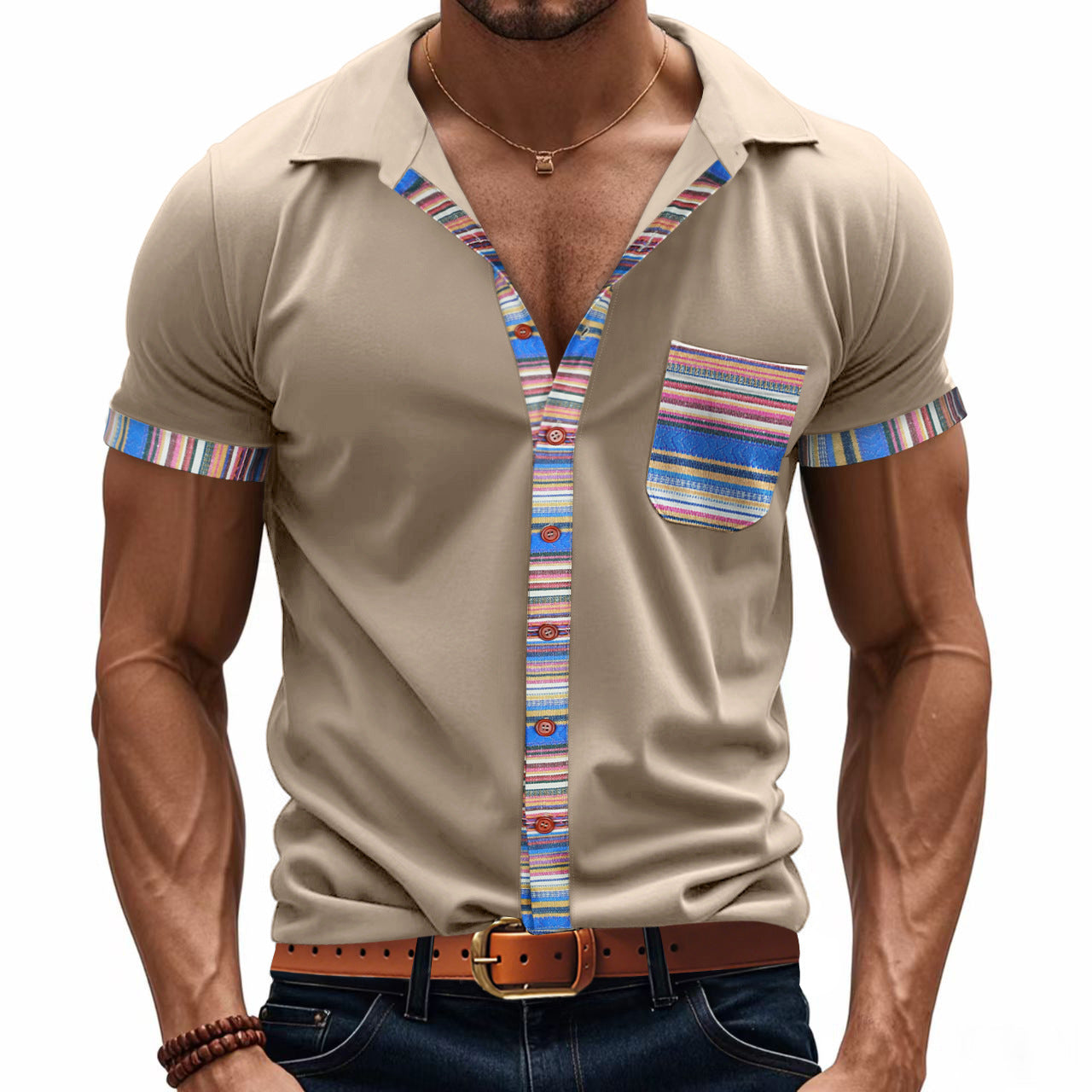 Loose casual light luxury bohemian style contrast color shirt short sleeve men