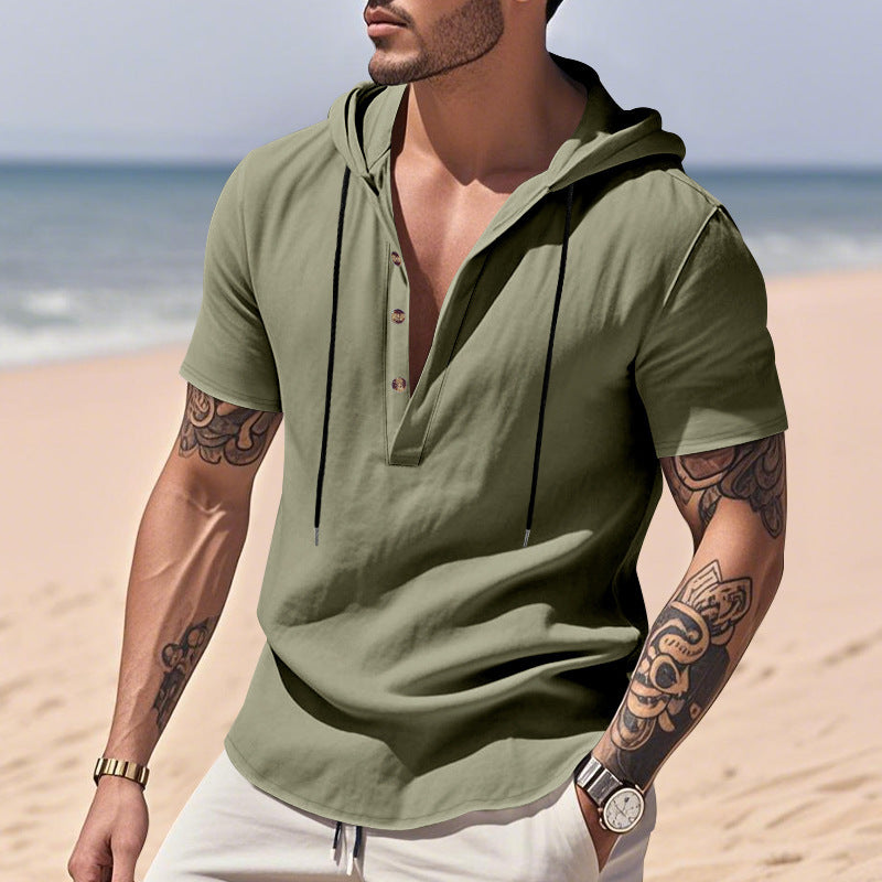 Linen breathable beach hooded henley short sleeve shirt for men
