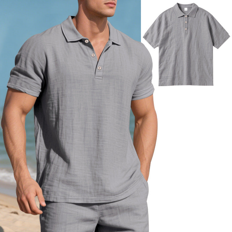 Men's British style loose breathable linen casual lapel button-down POLO shirt short sleeve men