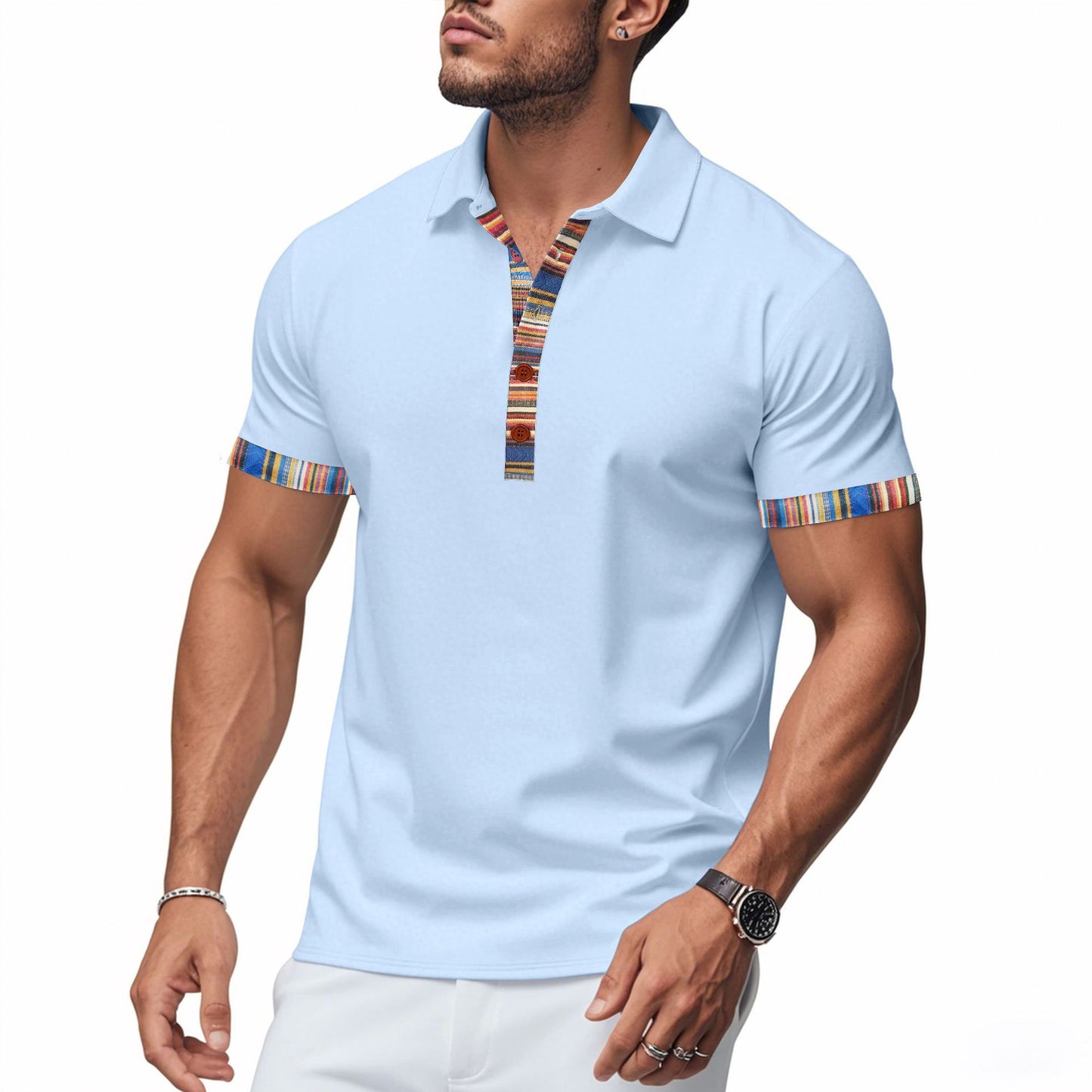 Loose casual breathable Bohemian contrast color POLO shirt short sleeves