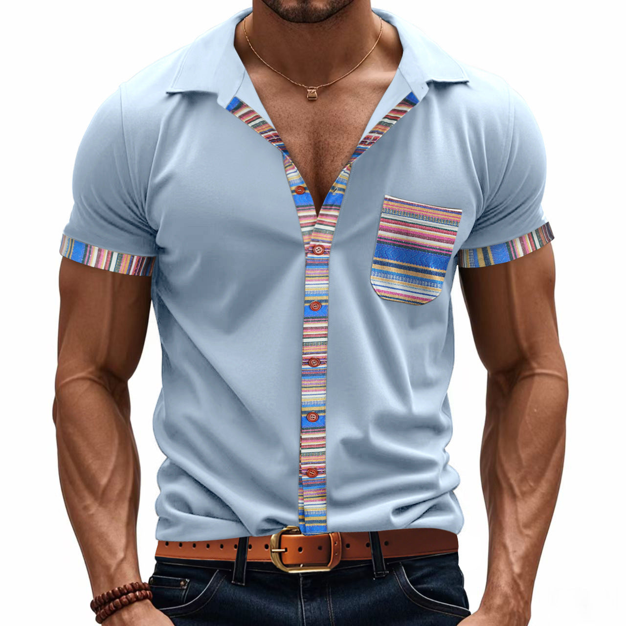 Loose casual light luxury bohemian style contrast color shirt short sleeve men