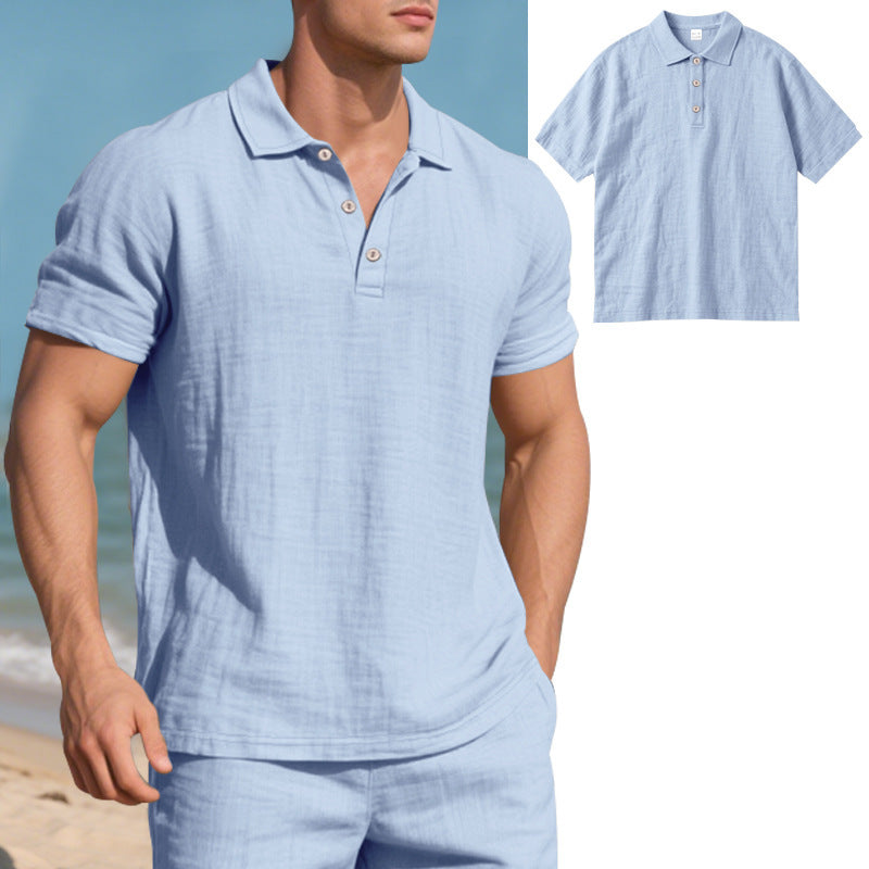 Men's British style loose breathable linen casual lapel button-down POLO shirt short sleeve men