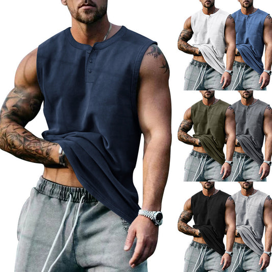 Large size round neck button down sleeveless t-shirt men's waistcoat