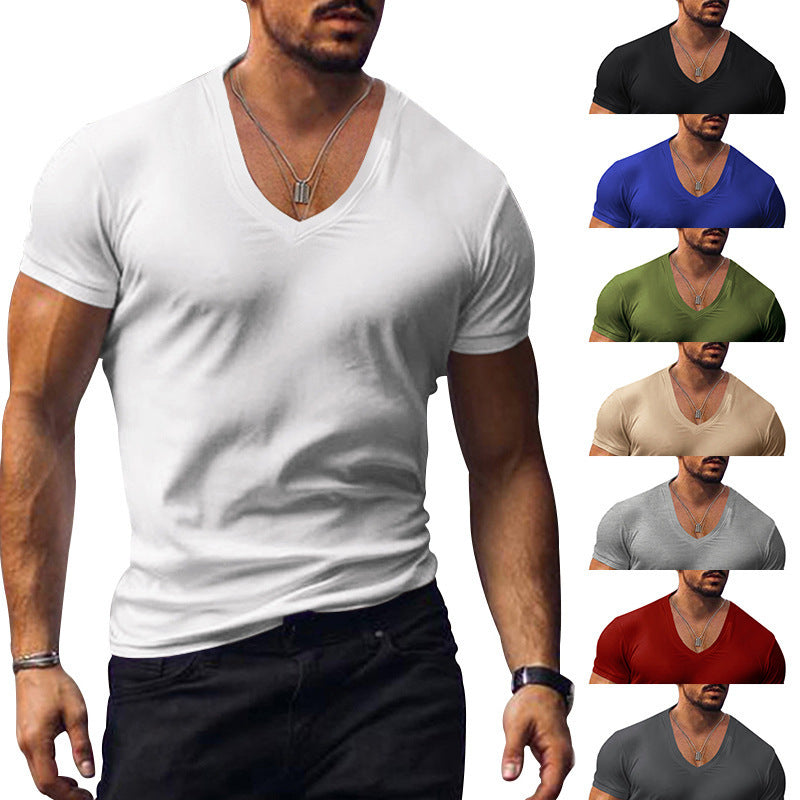 V-neck solid color large size casual T-shirt short sleeve men's