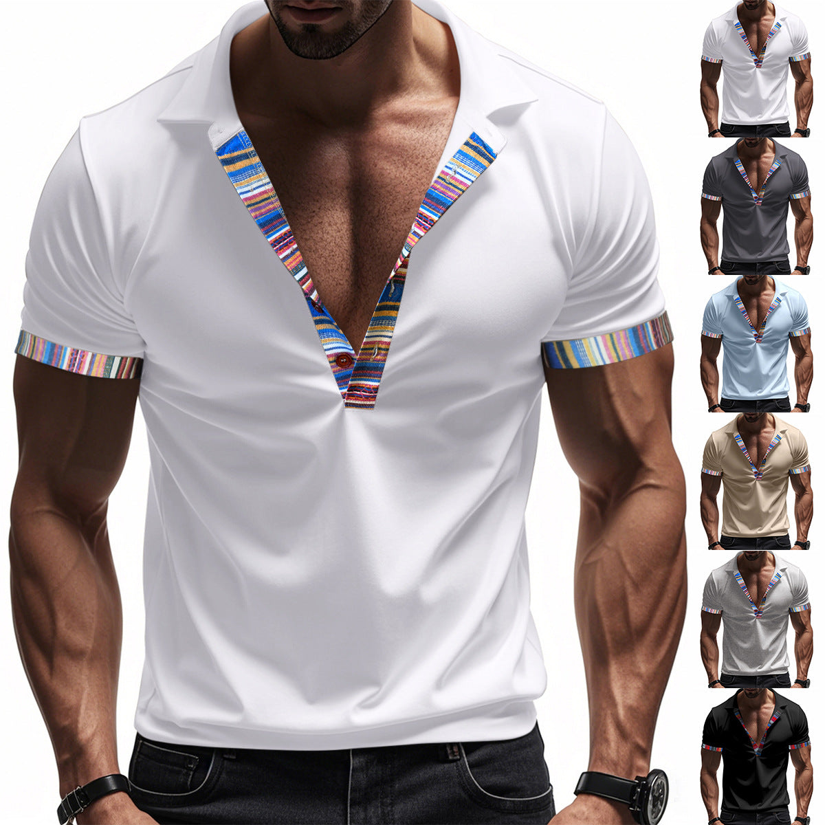 Loose casual breathable Bohemian contrast color POLO shirt short sleeves