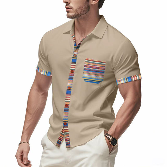 Loose casual light luxury bohemian style contrast color shirt short sleeve men