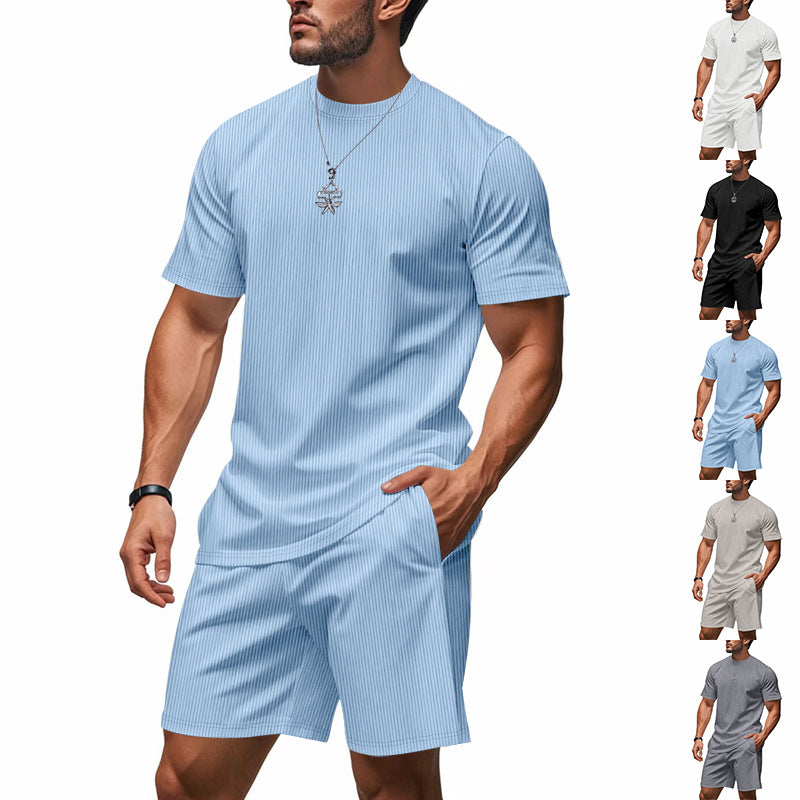 Men's casual cool breathable ribbed loose round neck short-sleeved shorts suit