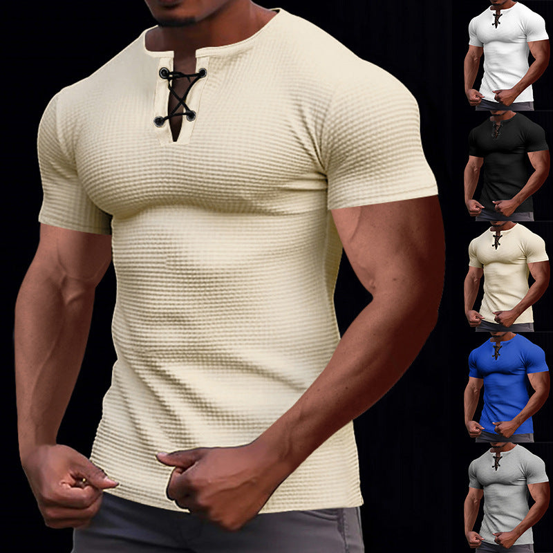 Short-sleeved T-shirt European and American men's tie-string henley shirt top