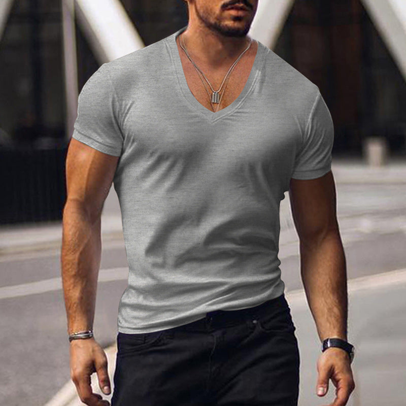 V-neck solid color large size casual T-shirt short sleeve men's