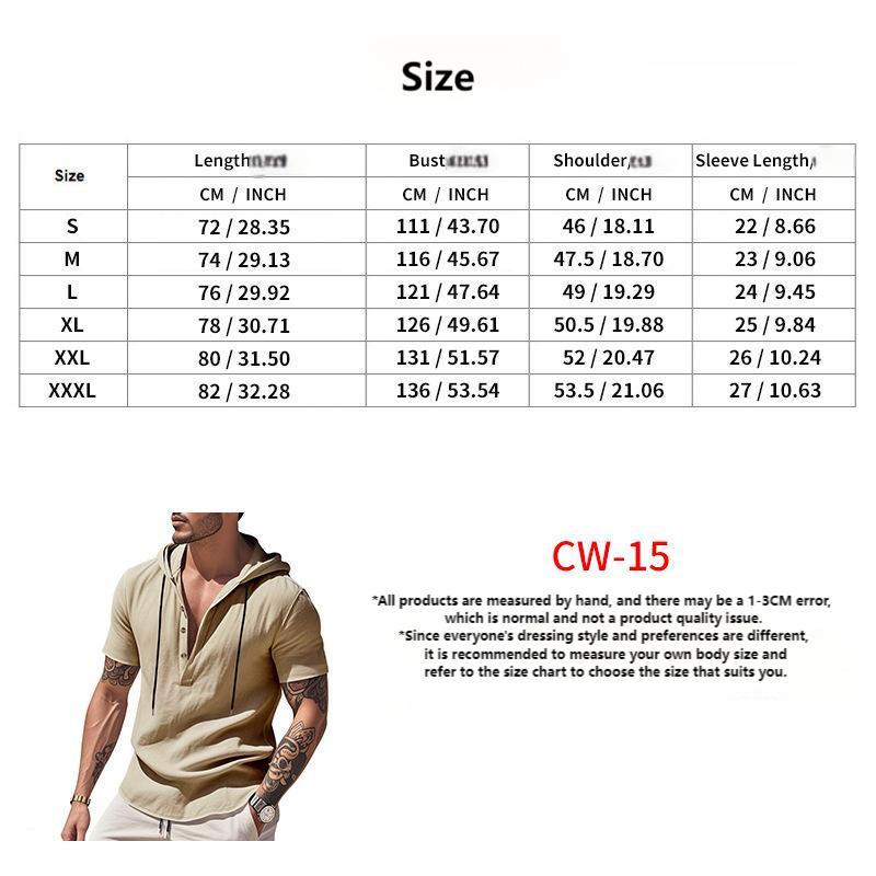 Linen breathable beach hooded henley short sleeve shirt for men