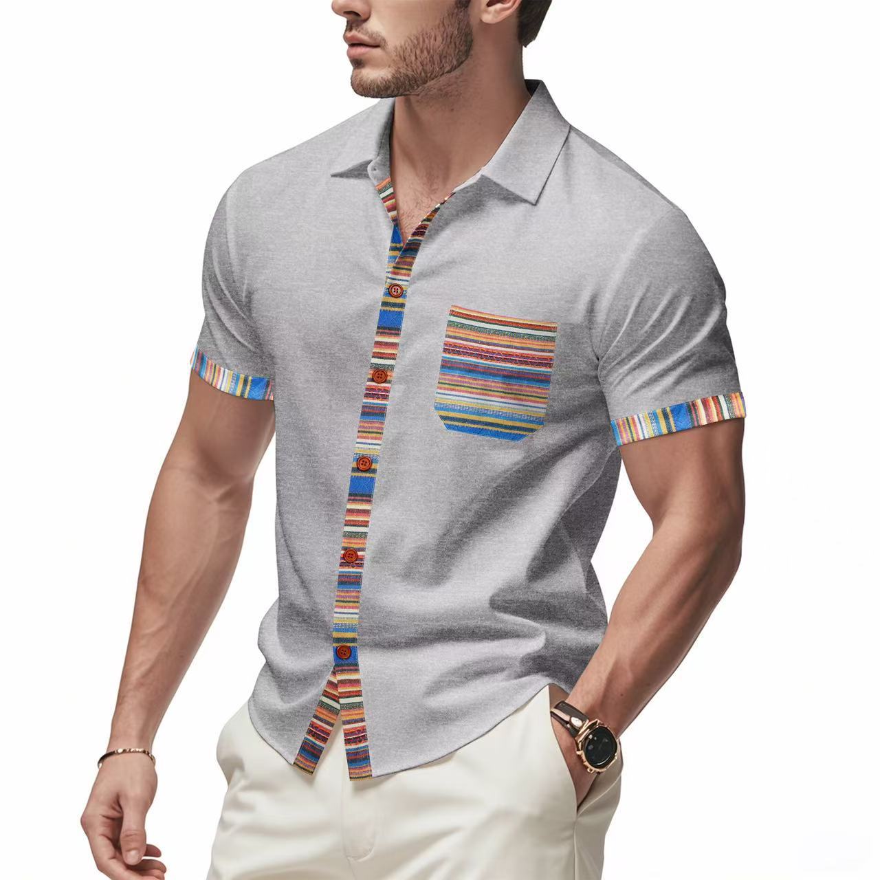 Loose casual light luxury bohemian style contrast color shirt short sleeve men