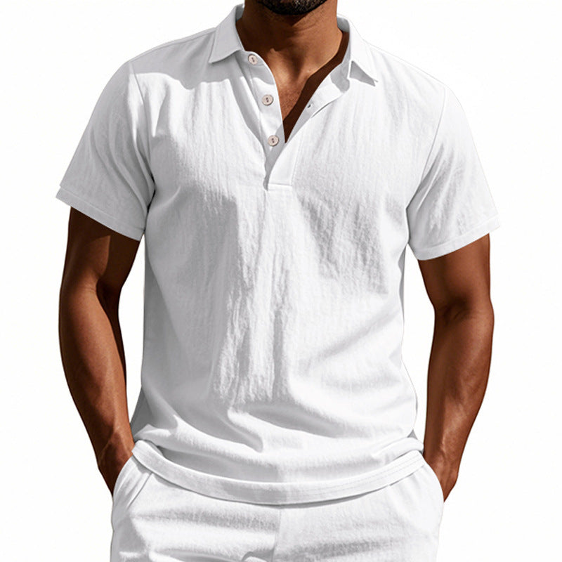 Men's British style loose breathable linen casual lapel button-down POLO shirt short sleeve men