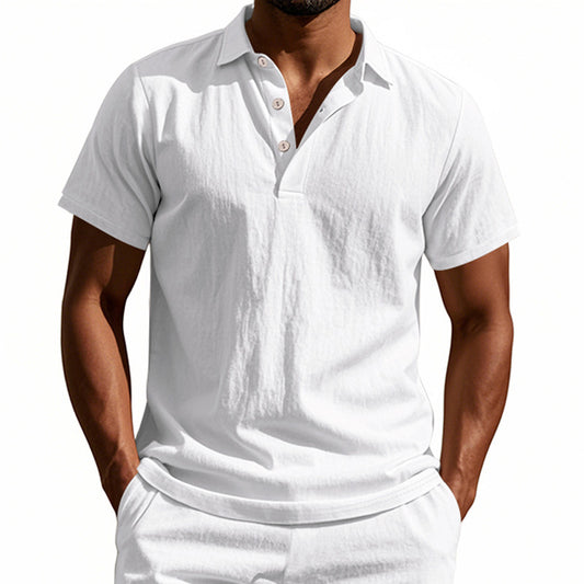 Men's British style loose breathable linen casual lapel button-down POLO shirt short sleeve men