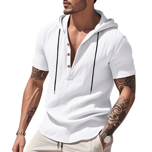 Linen breathable beach hooded henley short sleeve shirt for men