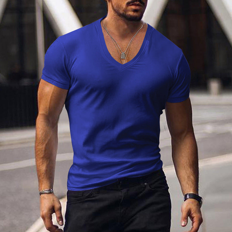 V-neck solid color large size casual T-shirt short sleeve men's