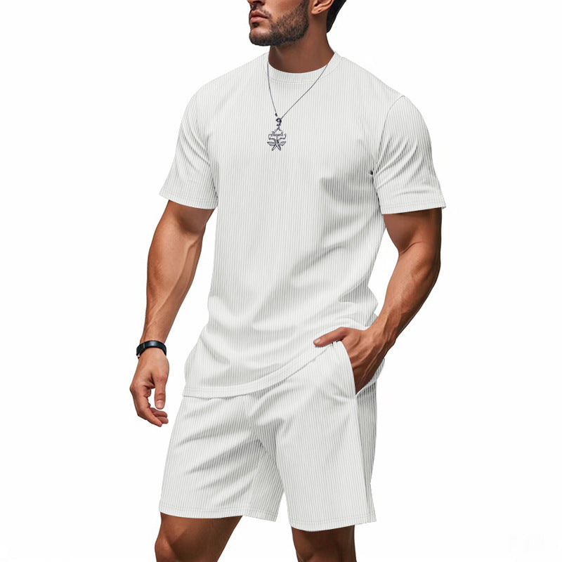 Men's casual cool breathable ribbed loose round neck short-sleeved shorts suit