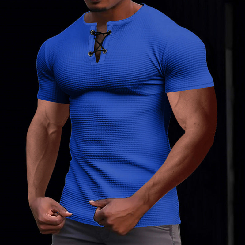 Short-sleeved T-shirt European and American men's tie-string henley shirt top