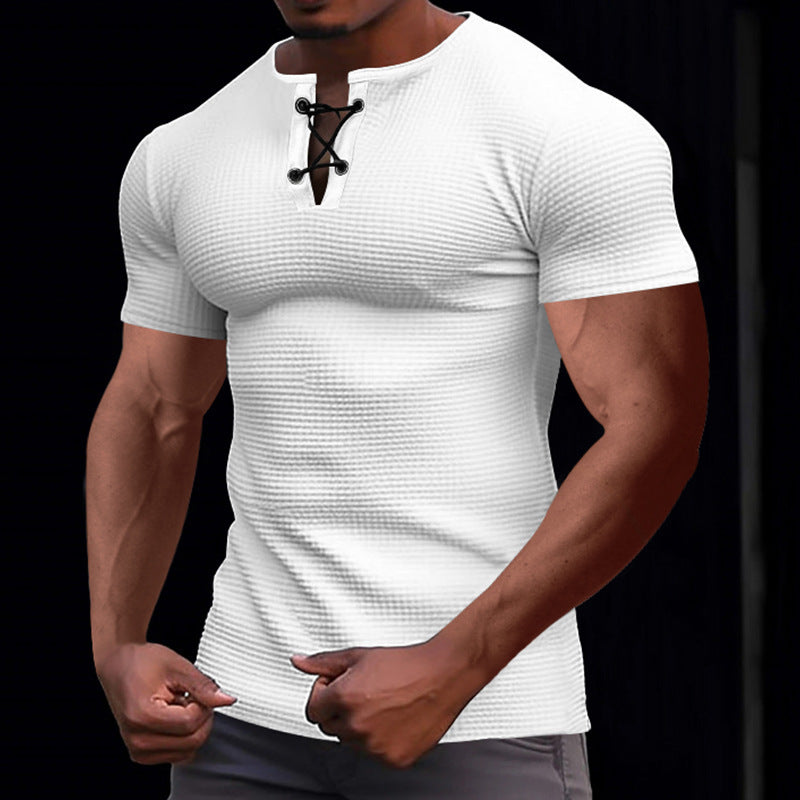 Short-sleeved T-shirt European and American men's tie-string henley shirt top