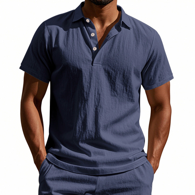 Men's British style loose breathable linen casual lapel button-down POLO shirt short sleeve men