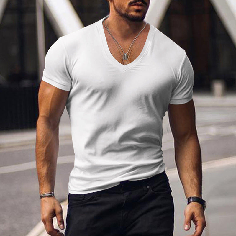V-neck solid color large size casual T-shirt short sleeve men's