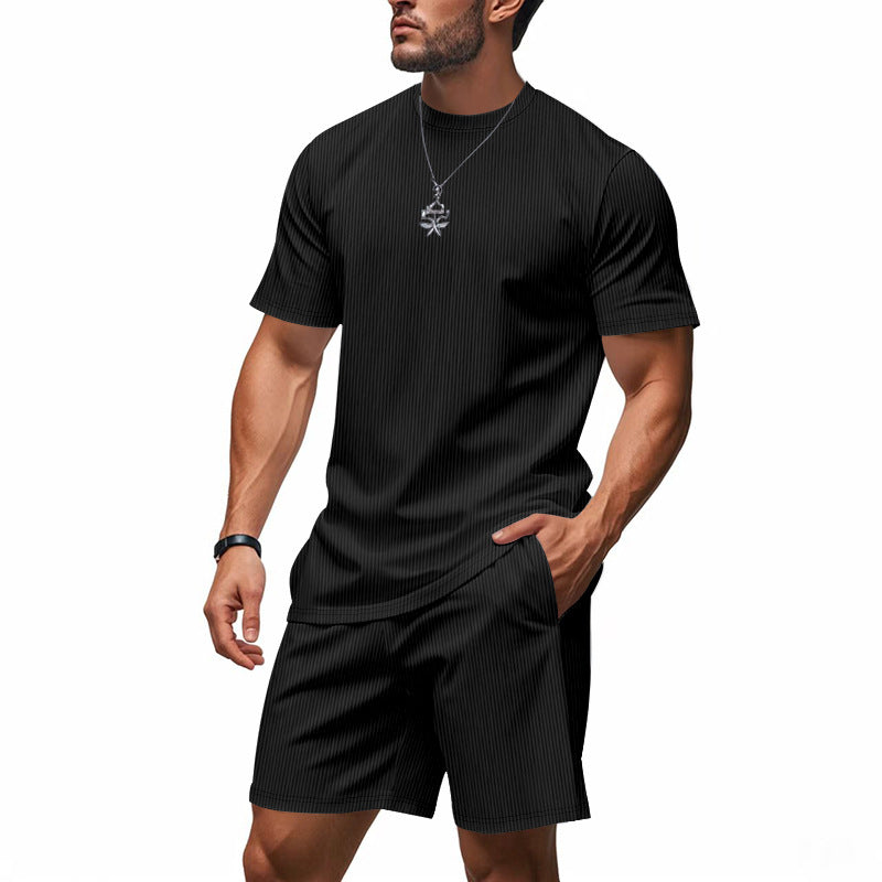 Men's casual cool breathable ribbed loose round neck short-sleeved shorts suit