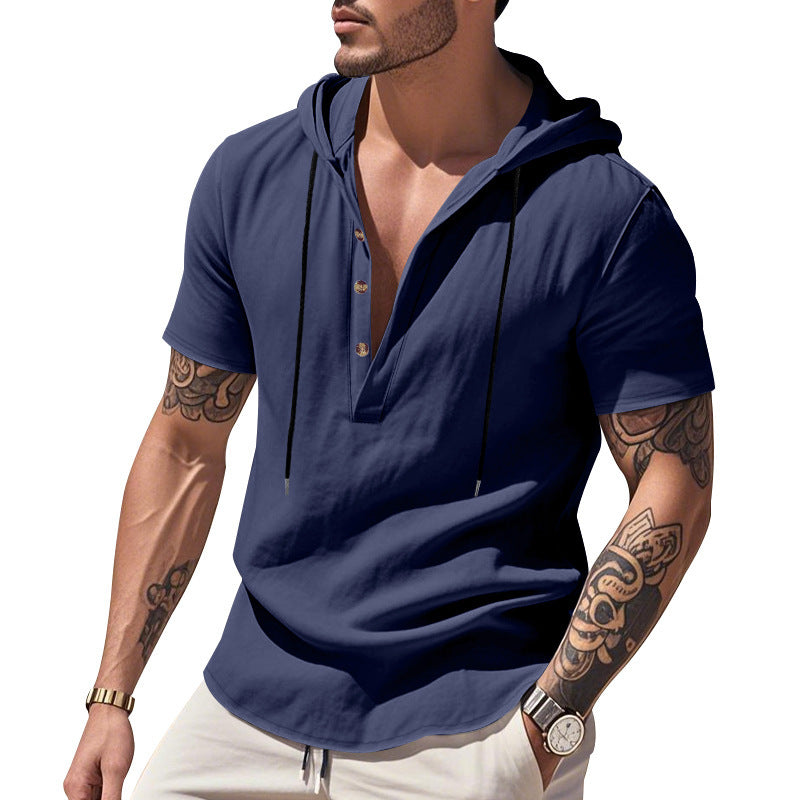 Linen breathable beach hooded henley short sleeve shirt for men