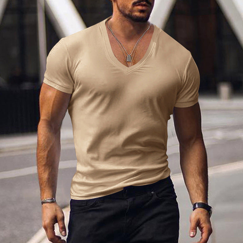 V-neck solid color large size casual T-shirt short sleeve men's