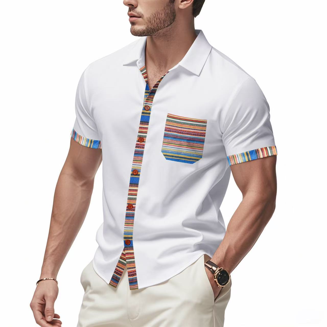 Loose casual light luxury bohemian style contrast color shirt short sleeve men