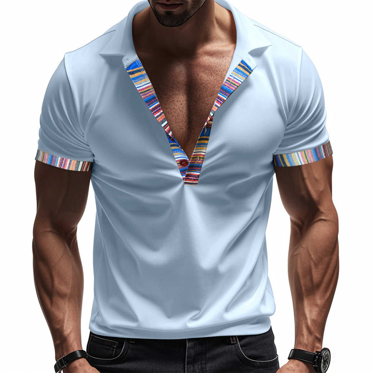 Loose casual breathable Bohemian contrast color POLO shirt short sleeves