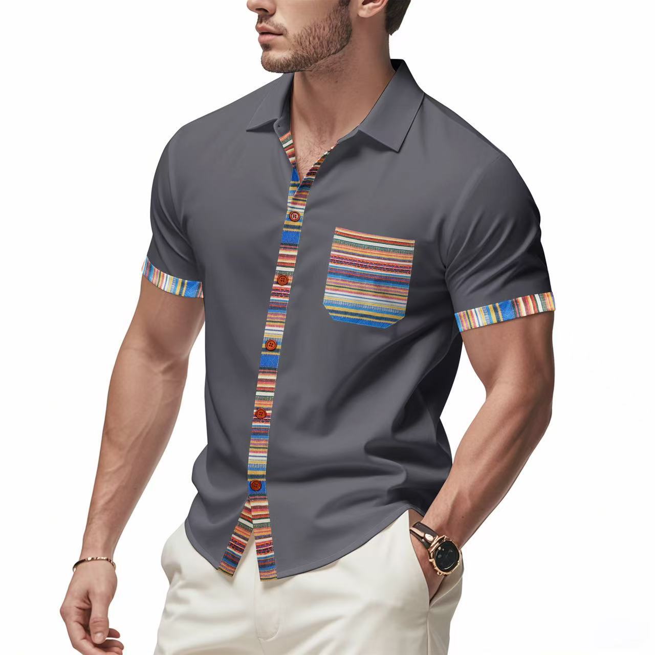 Loose casual light luxury bohemian style contrast color shirt short sleeve men