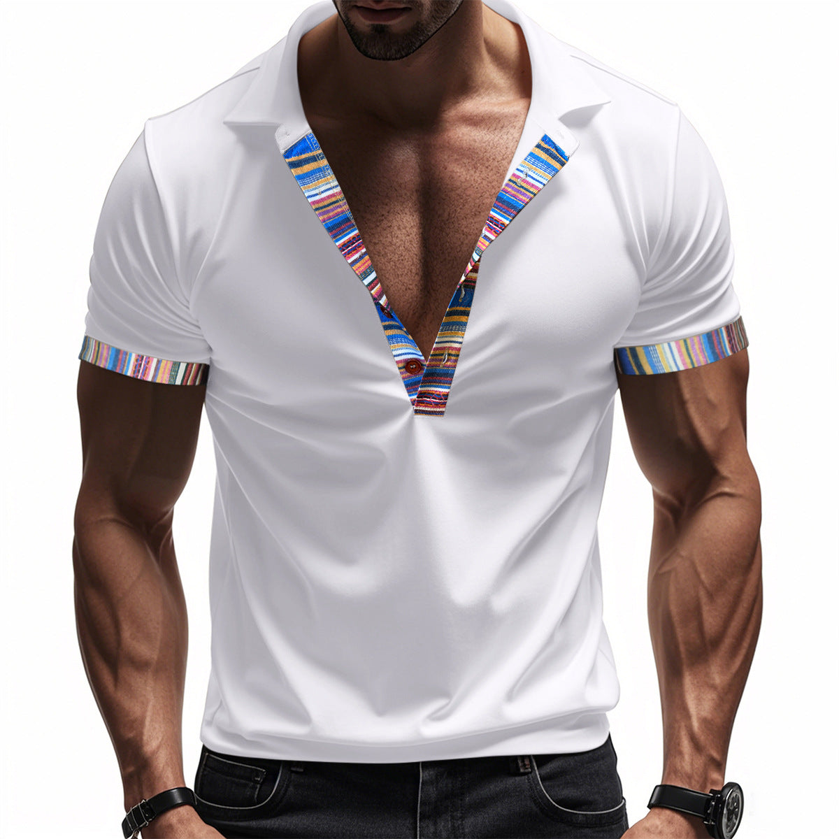 Loose casual breathable Bohemian contrast color POLO shirt short sleeves
