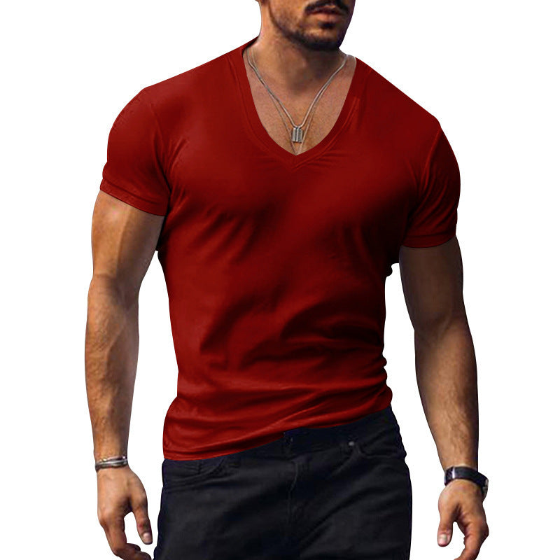 V-neck solid color large size casual T-shirt short sleeve men's