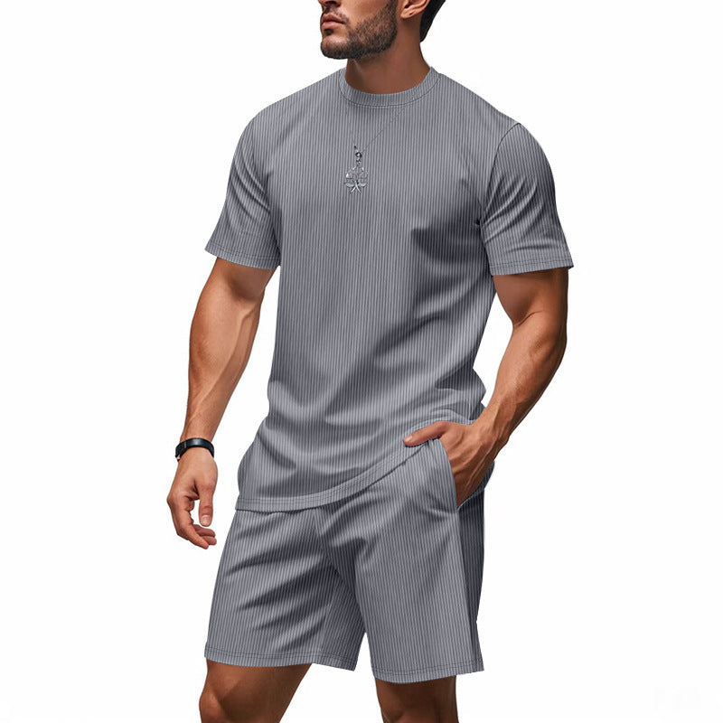 Men's casual cool breathable ribbed loose round neck short-sleeved shorts suit