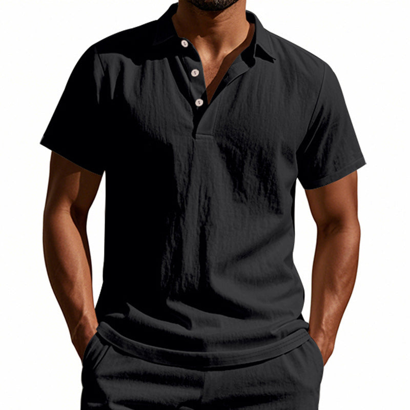 Men's British style loose breathable linen casual lapel button-down POLO shirt short sleeve men