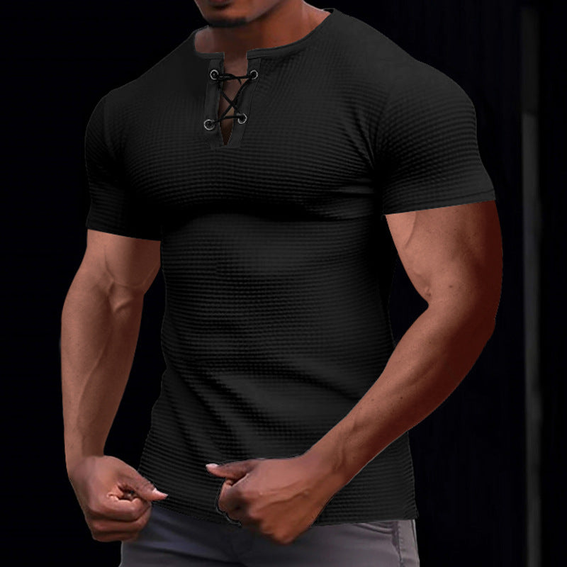 Short-sleeved T-shirt European and American men's tie-string henley shirt top