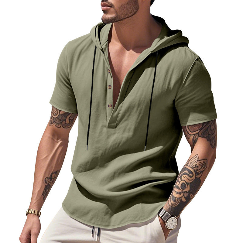 Linen breathable beach hooded henley short sleeve shirt for men