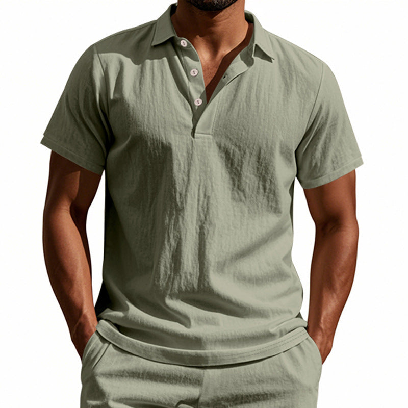 Men's British style loose breathable linen casual lapel button-down POLO shirt short sleeve men