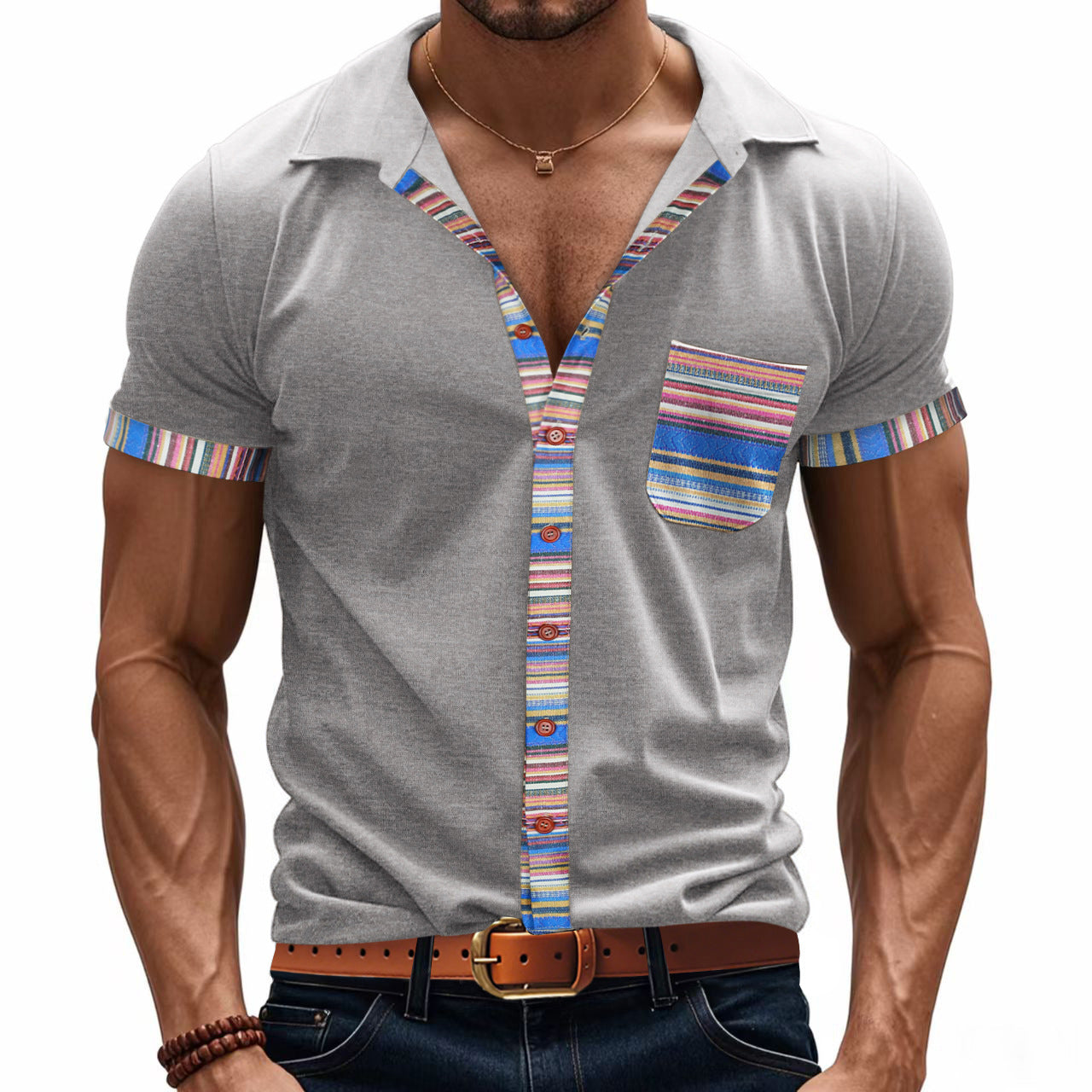 Loose casual light luxury bohemian style contrast color shirt short sleeve men