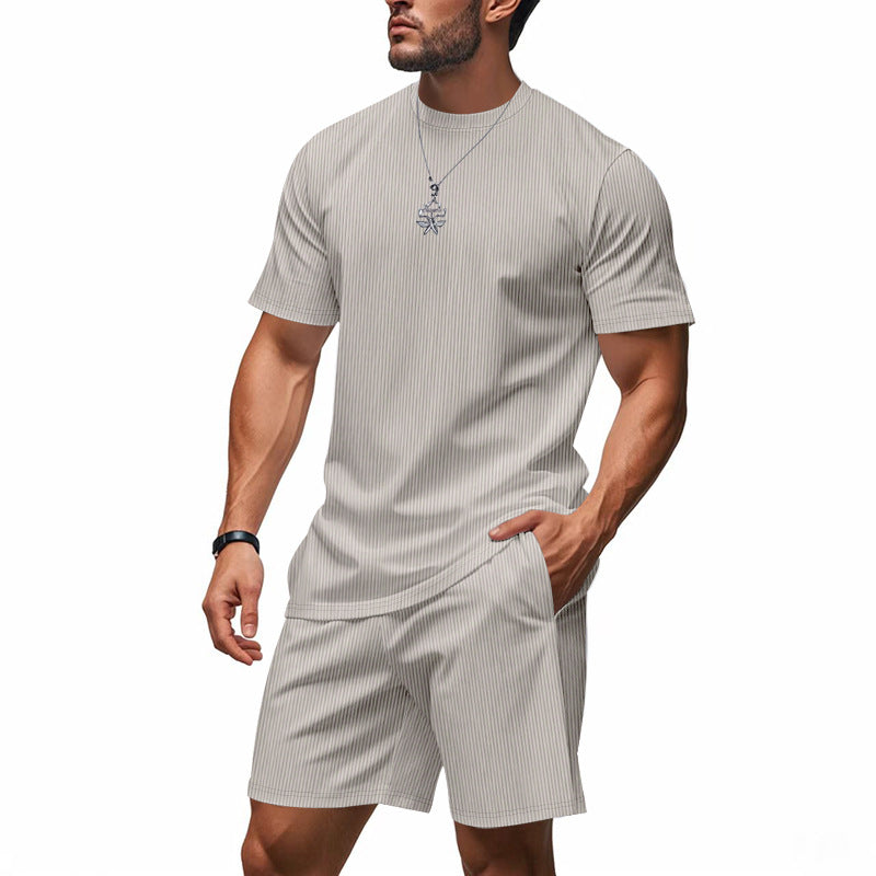 Men's casual cool breathable ribbed loose round neck short-sleeved shorts suit