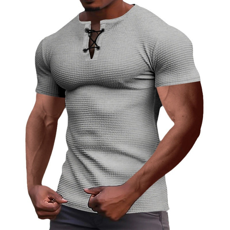 Short-sleeved T-shirt European and American men's tie-string henley shirt top